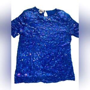 NWT Vintage Creazioni Effeci Blue Holographic Sequin Beaded Blouse Top Women’s L